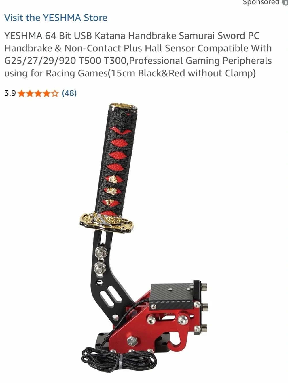 Black and Red Samurai Katana USB Handbrake and Clamp for Racing Games